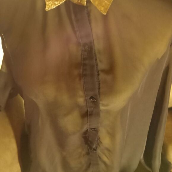 SHEER long sleeve blouse with tortoise shell gold trim & cut-out shoulders - Picture 2 of 10